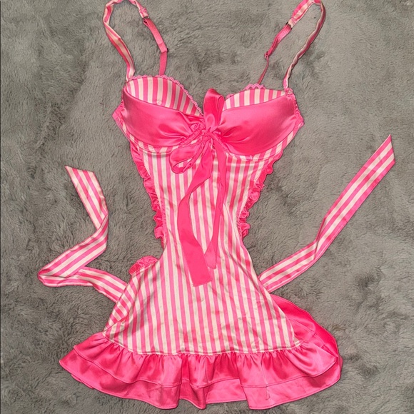 Victoria's Secret Other - Victoria's Secret Sexy Little Things Candy Pink Striped Apron Dress Ruffle 34B